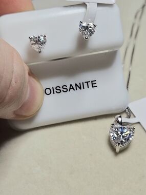 Sterling Silver Moissanite Heart Pendant Necklace Earring 3CT Set W/GRA Certs